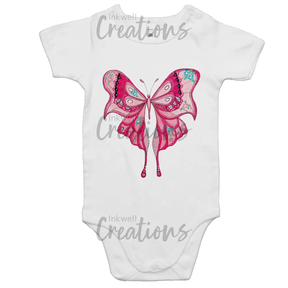 Pink Butterfly - Baby Onesie Romper White / 0-3M