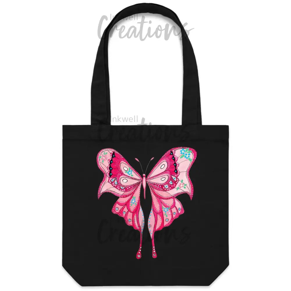 Pink Butterfly - Carrie Canvas Tote Bag Black / One Size
