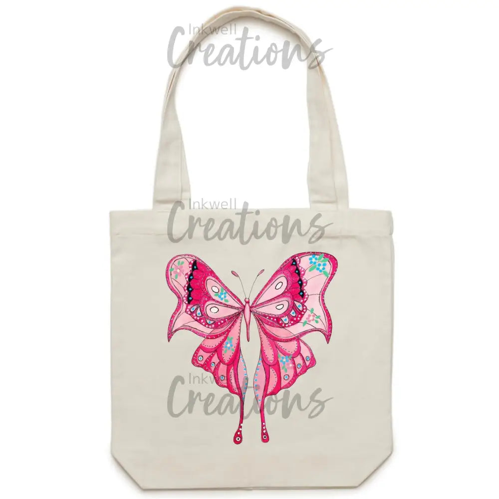 Pink Butterfly - Carrie Canvas Tote Bag Cream / One Size