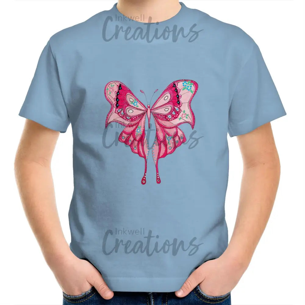 Pink Butterfly - Kids T-Shirt Carolina Blue / 2