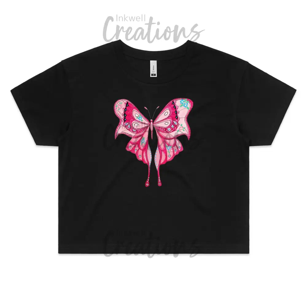 Pink Butterfly - Womens Crop Tee Black / Extra Small