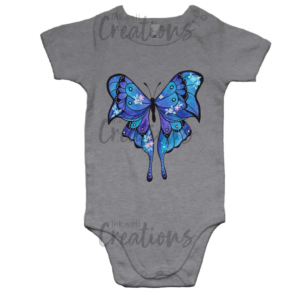Blue Butterfly - Baby Onesie Romper Grey Marle / 0-3M