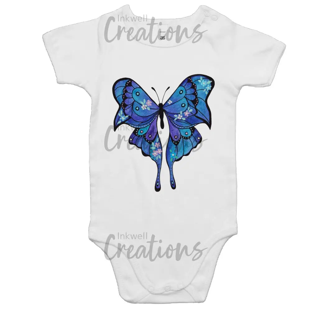 Blue Butterfly - Baby Onesie Romper White / 0-3M