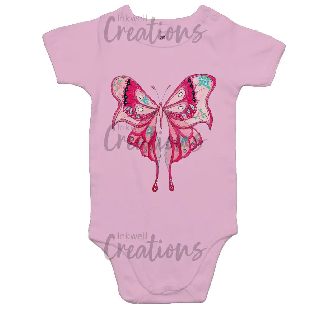 Pink Butterfly - Baby Onesie Romper / 0-3M