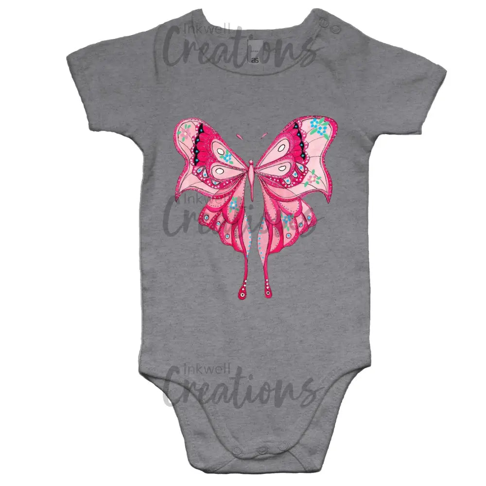Pink Butterfly - Baby Onesie Romper Grey Marle / 0-3M