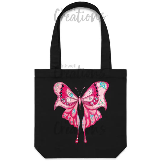 Pink Butterfly - Carrie Canvas Tote Bag Black / One Size