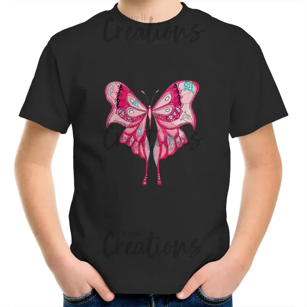 Pink Butterfly - Kids T-Shirt Black / 2