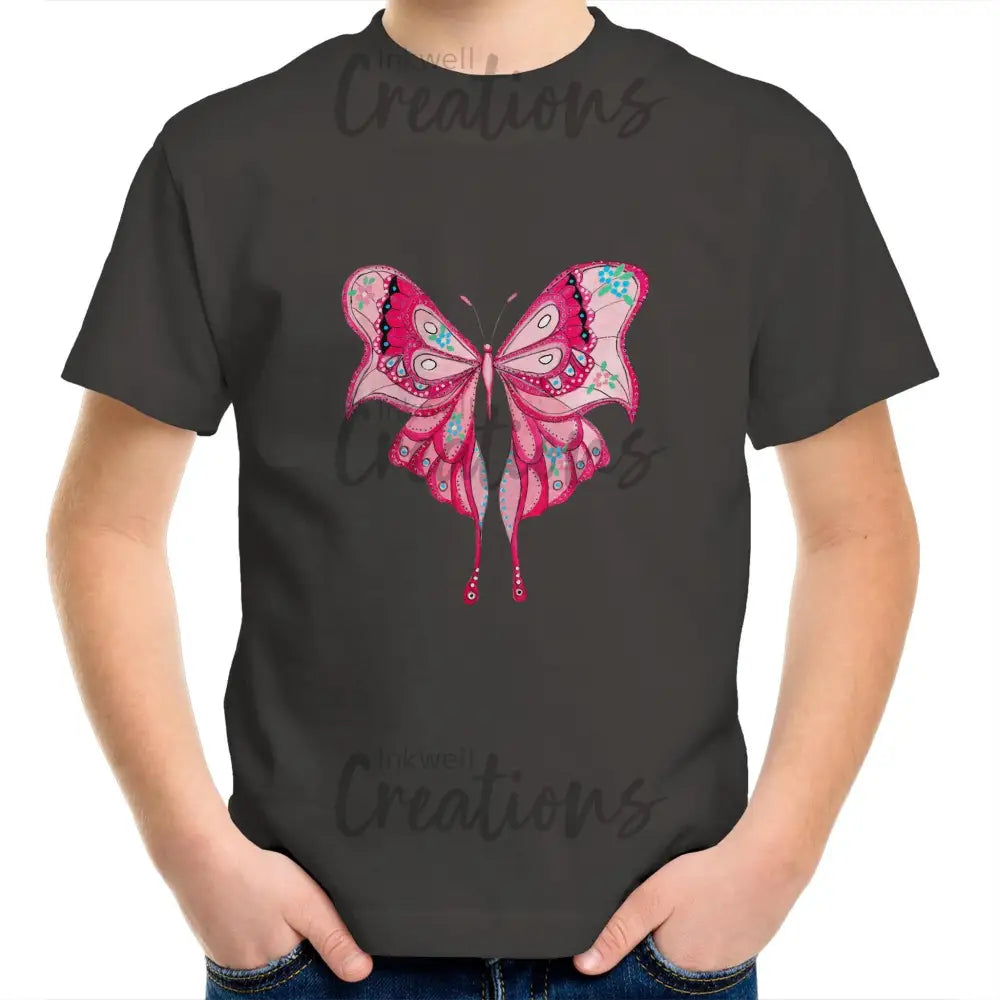 Pink Butterfly - Kids T-Shirt Charcoal / 2