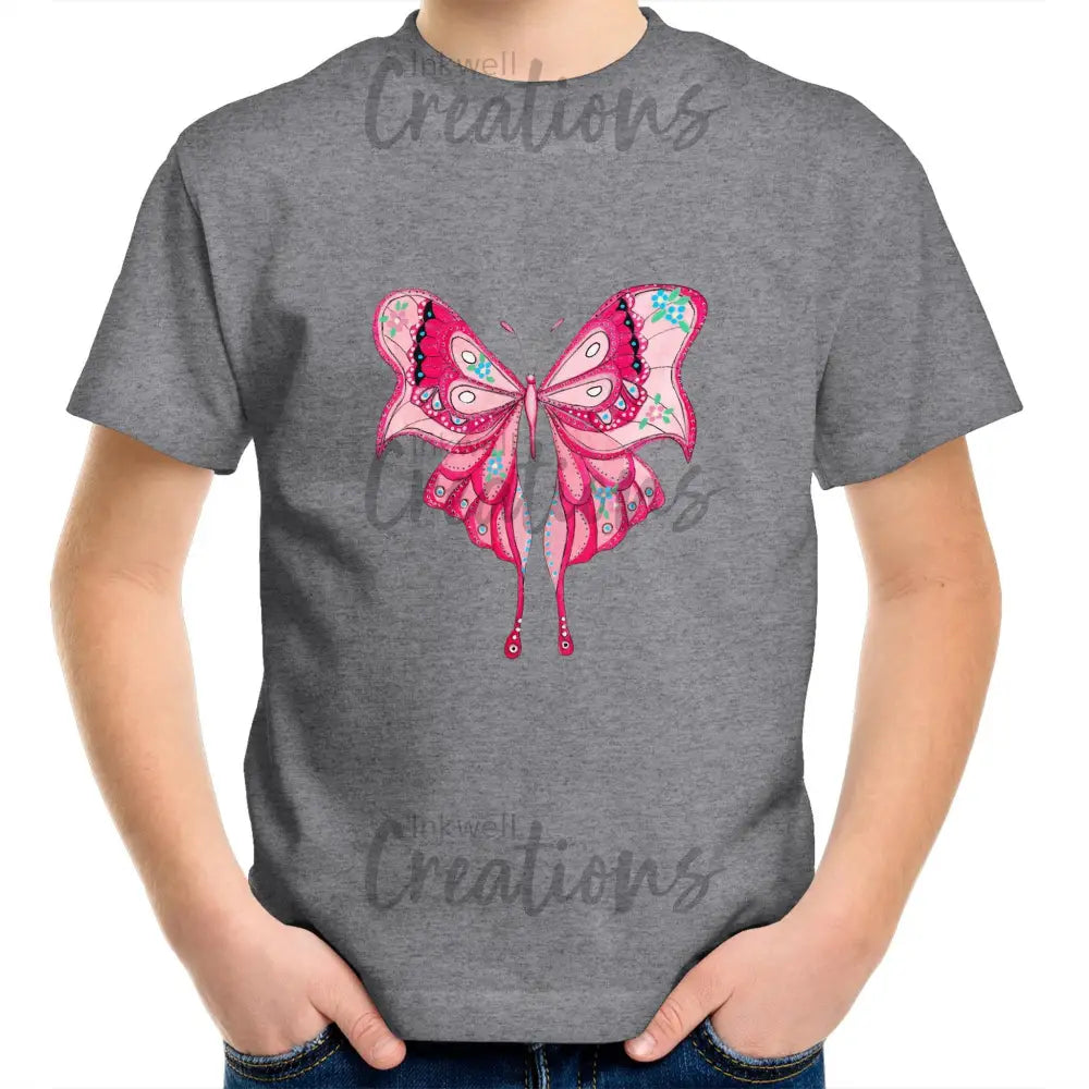 Pink Butterfly - Kids T-Shirt Grey Marle / 2