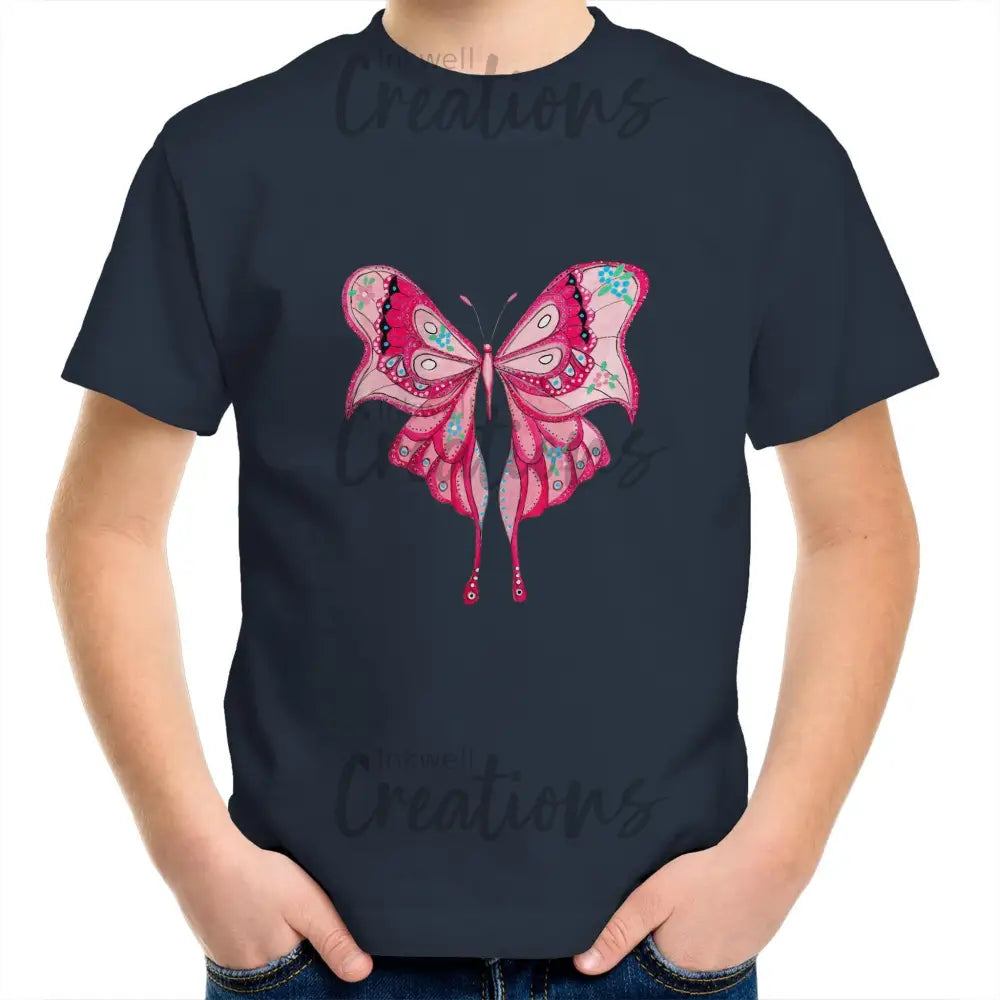 Pink Butterfly - Kids T-Shirt Navy / 2