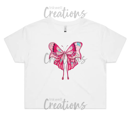 Pink Butterfly - Womens Crop Tee White / Extra Small