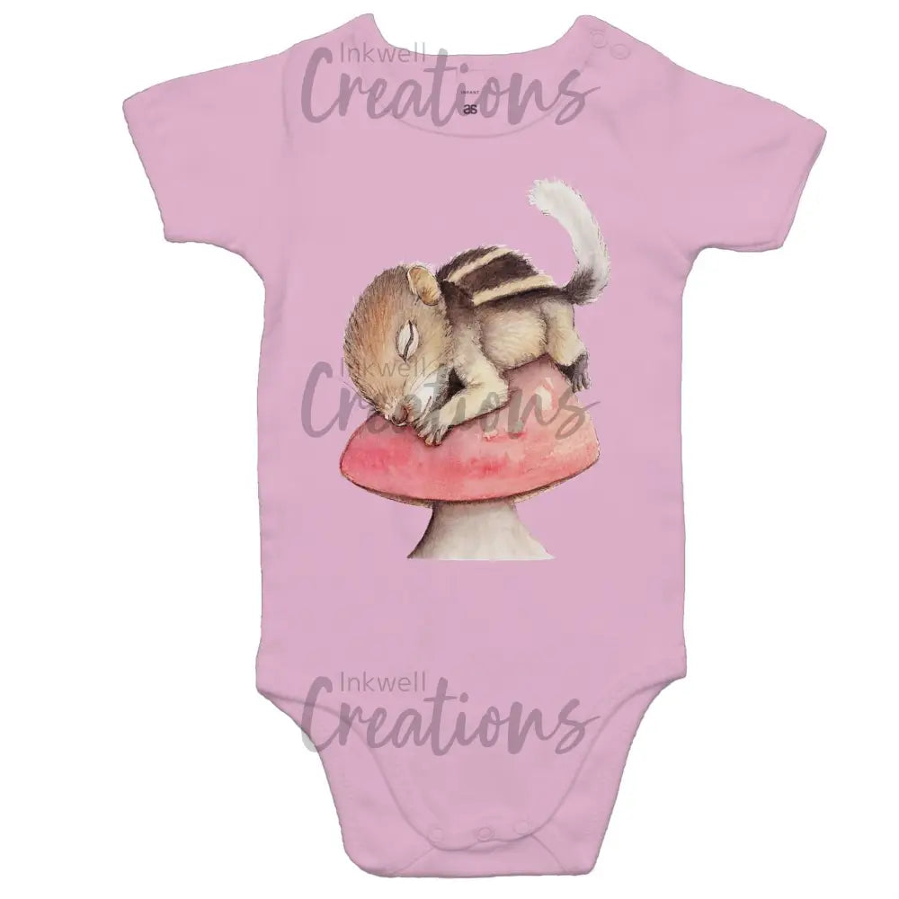Sleeping Squirrel - Baby Onesie Romper Pink / 0-3M