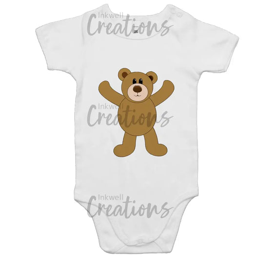 Teddy Bear - Baby Onesie Romper White / 0-3M